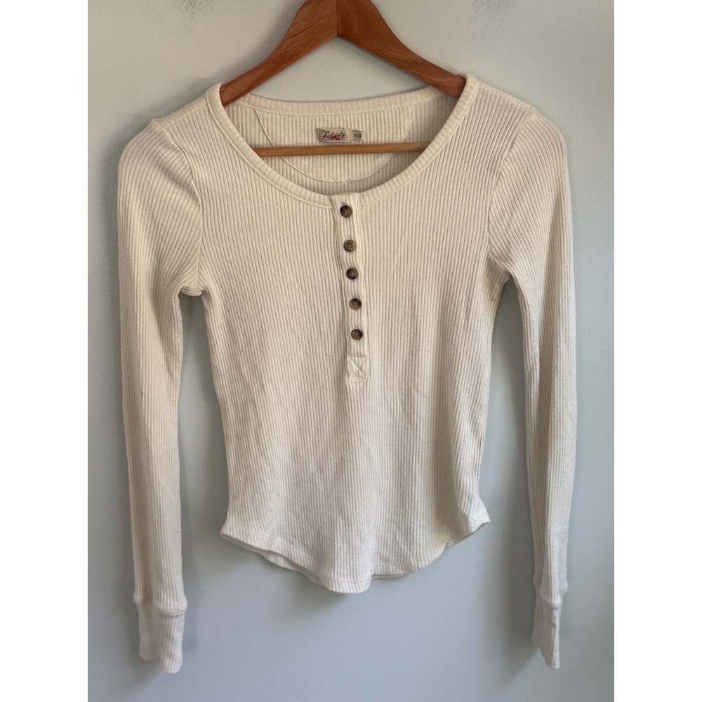 Faherty Women Ribbed Henley Top Long Sleeve Ivory Off White Button Up XS